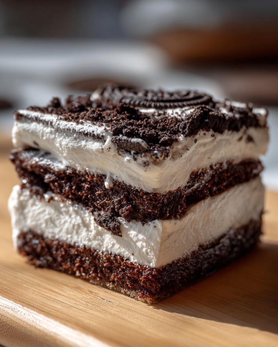 Close-up of a layered square slice of Oreo icebox cake with dark chocolate cookie layers and white cream filling.
