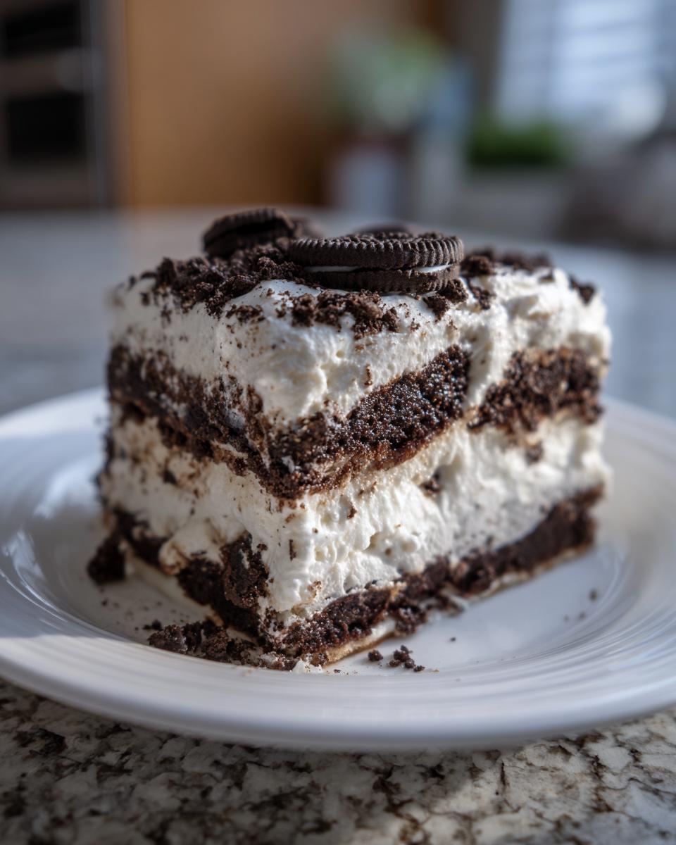 A perfect slice of layered Oreo icebox cake featuring dark chocolate cookie layers and white whipped cream filling, topped with crumbs.