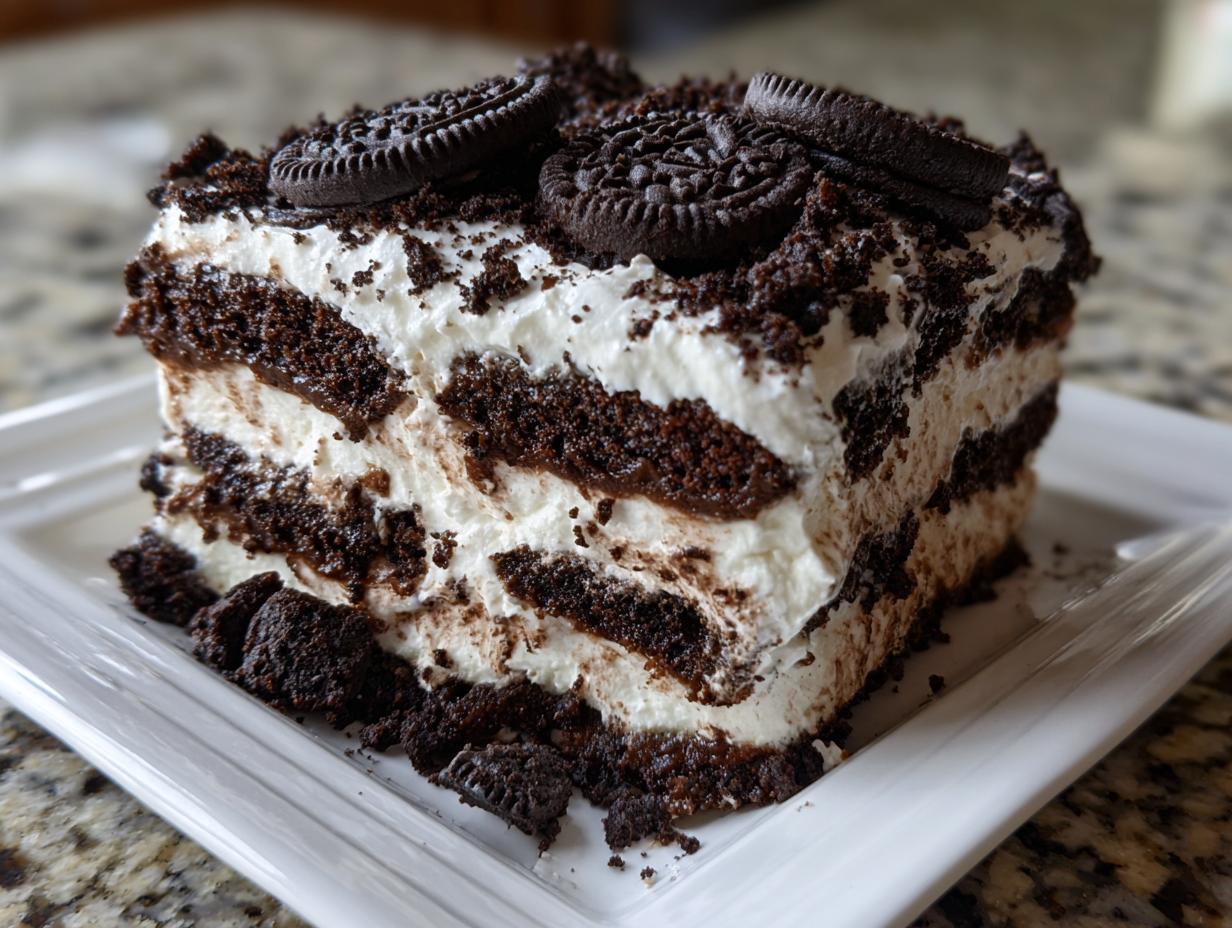 A decadent slice of Oreo icebox cake showing layers of chocolate cookies and whipped cream, topped with crushed Oreos.