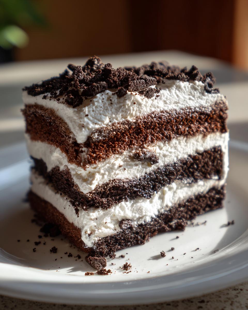 A perfect square slice of Oreo icebox cake showing alternating layers of dark chocolate cookie crumbs and white whipped cream.