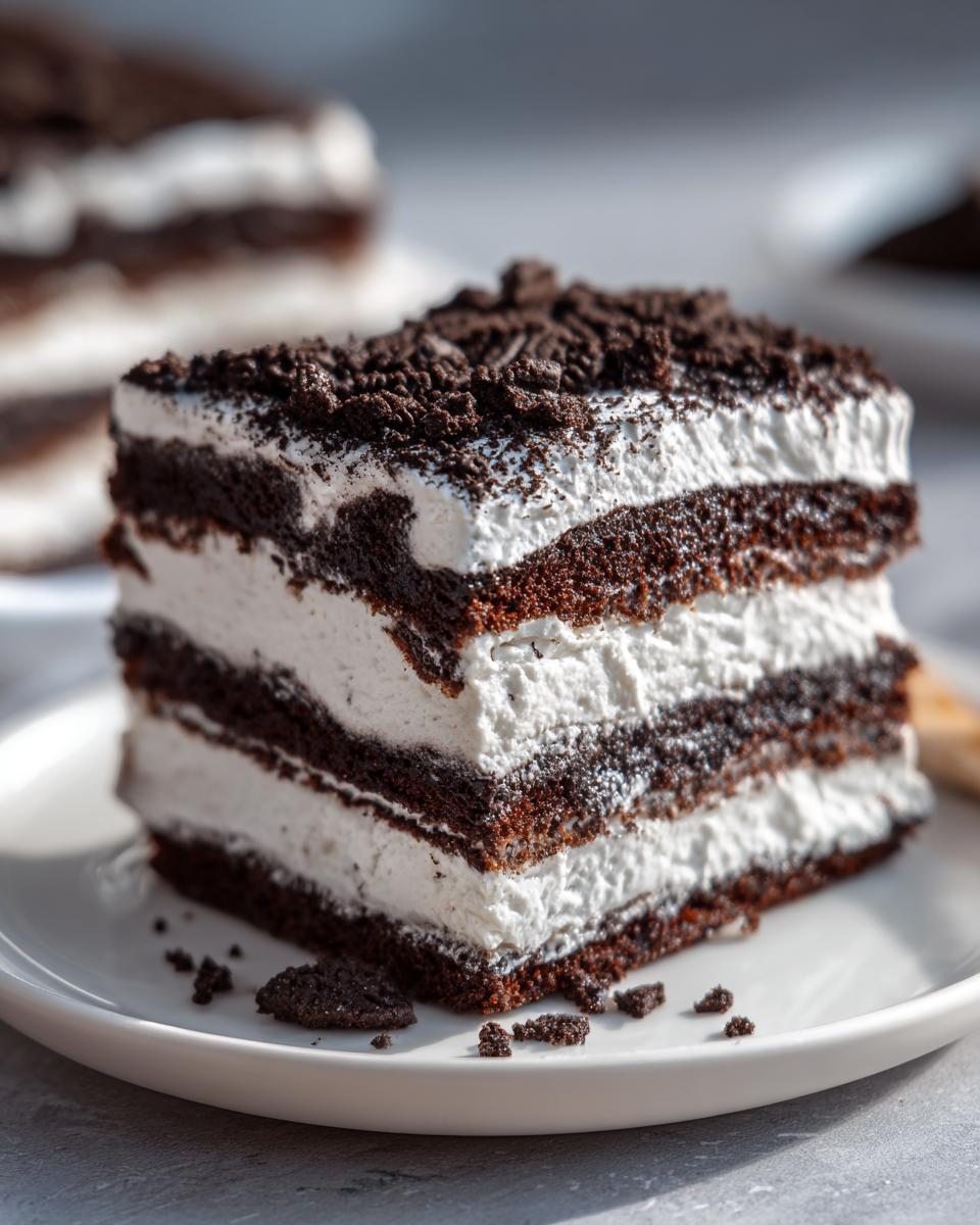 Close-up of a layered slice of Oreo icebox cake showing dark chocolate layers and white cream filling, topped with crumbs.