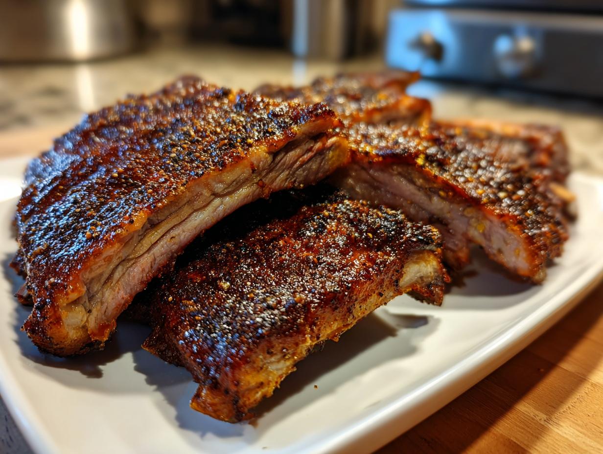 Close-up of tender, seasoned oven baked ribs cut into sections resting on a white platter.