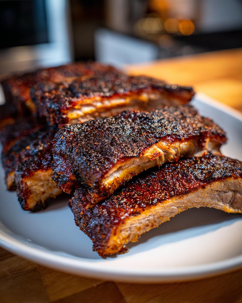 Close-up of tender, heavily seasoned Oven baked ribs stacked on a white platter, showing a dark crust.