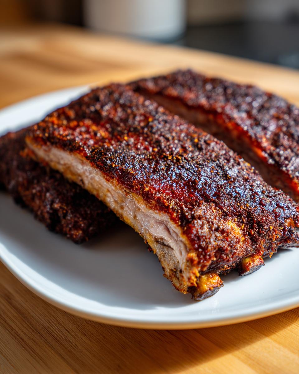 Close-up of tender Oven baked ribs with a dark, flavorful spice rub, sliced and resting on a white plate.
