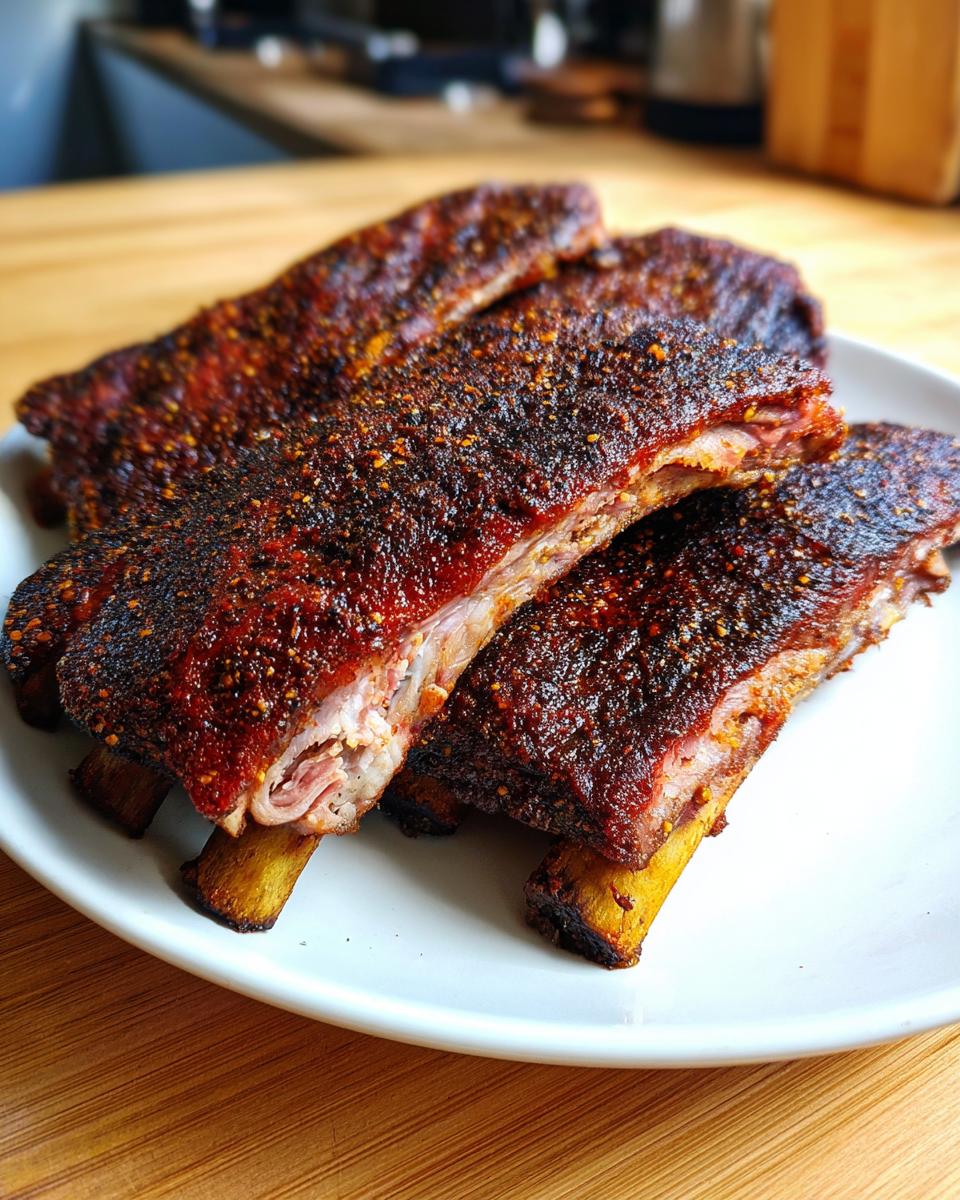 Close-up of tender Oven baked ribs with a dark, flavorful spice rub, showing the meat pulling away from the bone.