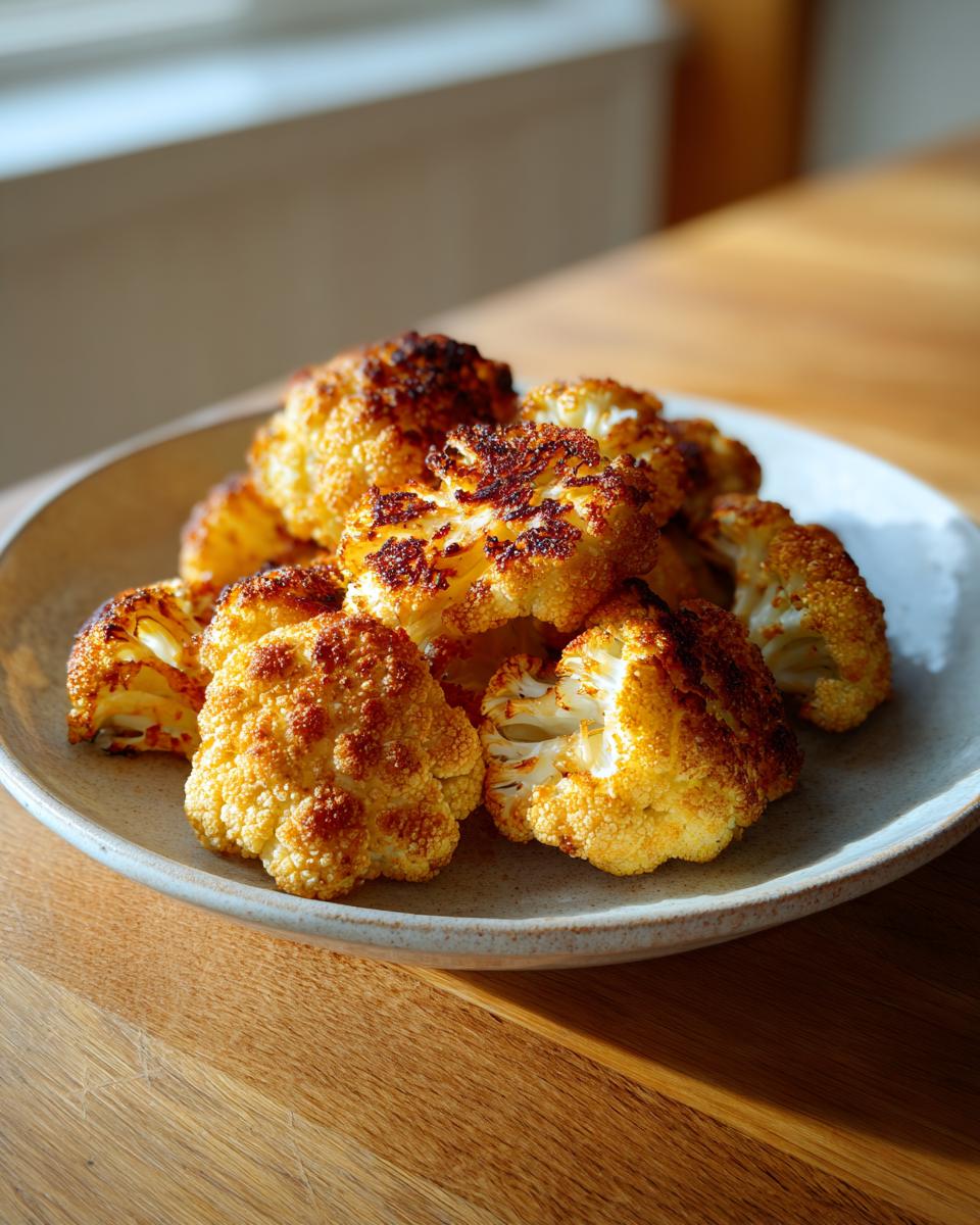 Close-up of golden brown, caramelized pieces of roasted cauliflower served on a light ceramic plate.