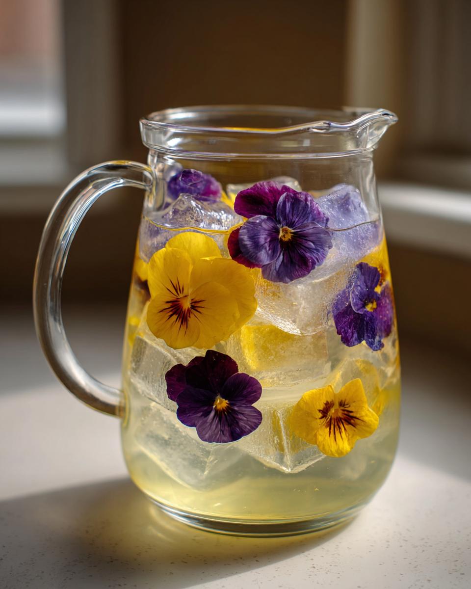 A glass pitcher filled with lemonade, ice cubes, and vibrant yellow and purple edible flowers, showcasing beautiful floral ice cubes.