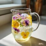 A clear glass pitcher filled with water, ice, and vibrant edible pansies creating beautiful floral ice cubes.