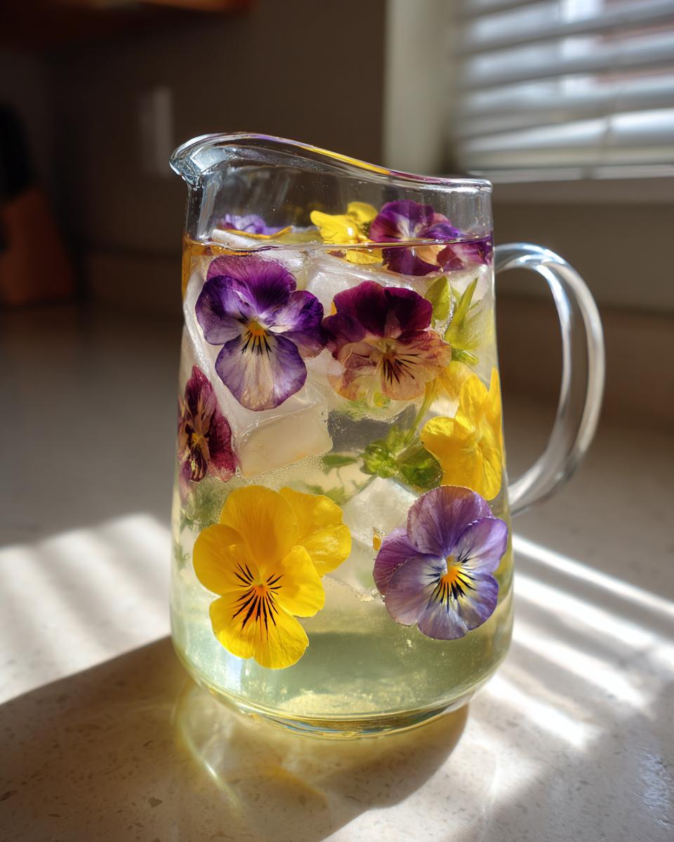 A clear glass pitcher filled with water, ice, and colorful edible pansies used as floral ice cubes.