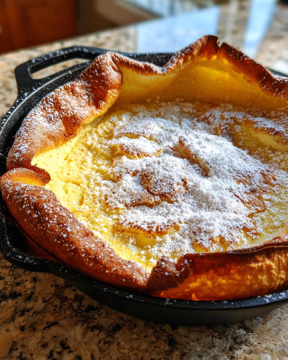 A golden brown, puffed Dutch baby pancake dusted generously with powdered sugar, served in a black cast iron skillet.