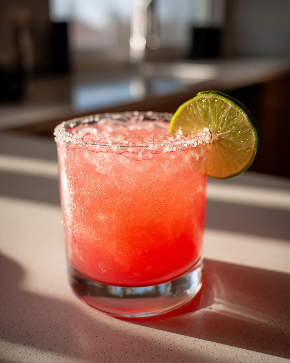 A close-up of a bright pink Rhubarb margarita in a rocks glass with a salt rim and a lime wedge garnish.