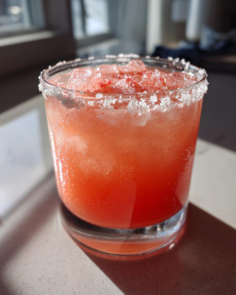 Close-up of a vibrant pink Rhubarb margarita cocktail served over crushed ice with a thick salt rim.