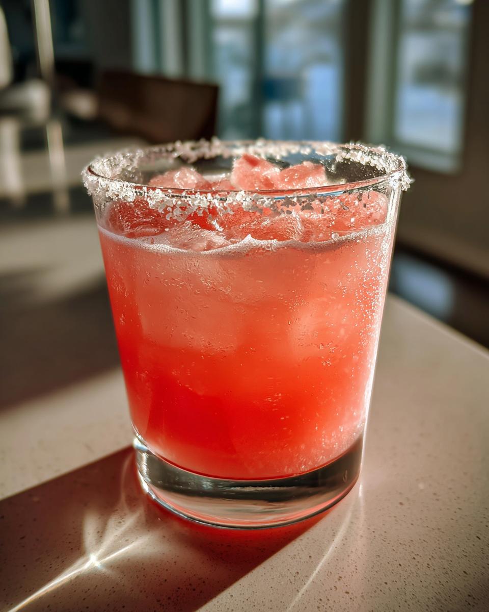 Close-up of a bright pink Rhubarb margarita in a rocks glass with a coarse salt rim, filled with ice.