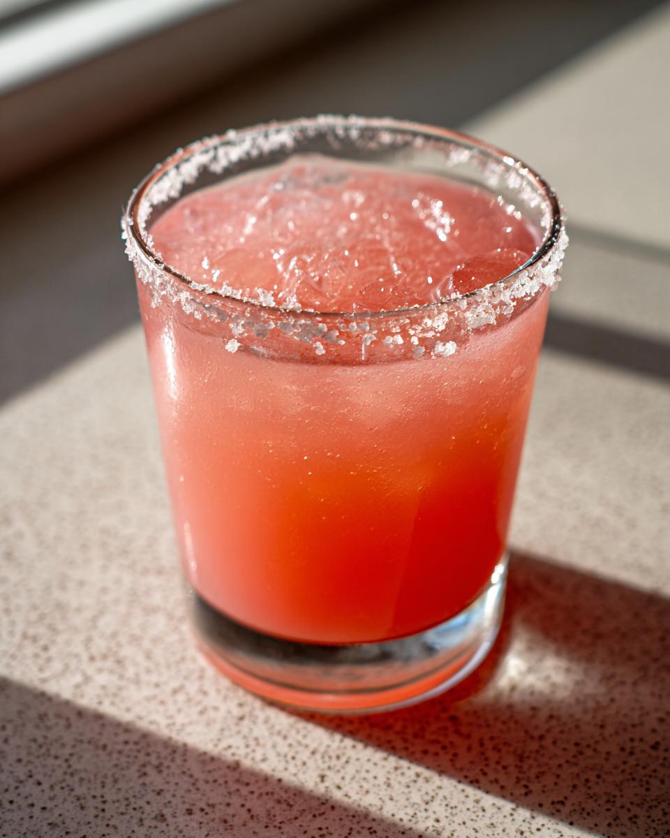 Close-up of a vibrant pink Rhubarb margarita in a rocks glass with a thick salt rim, filled with ice.