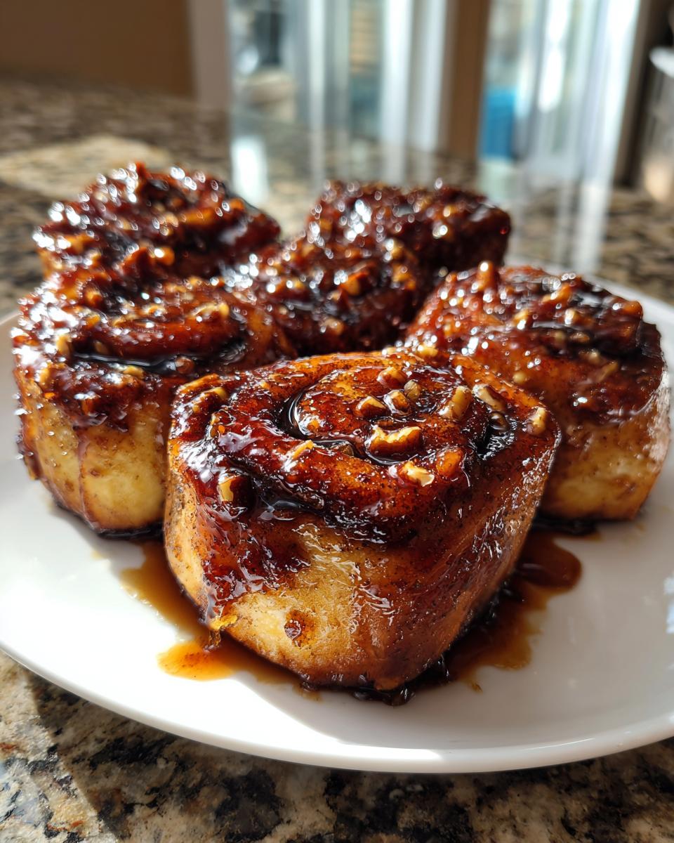 Four gooey, caramelized Rhubarb sticky buns topped with chopped pecans, sitting on a white plate.
