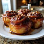 Four freshly baked Rhubarb sticky buns covered in a rich, dark caramel glaze and topped with chopped pecans on a white plate.