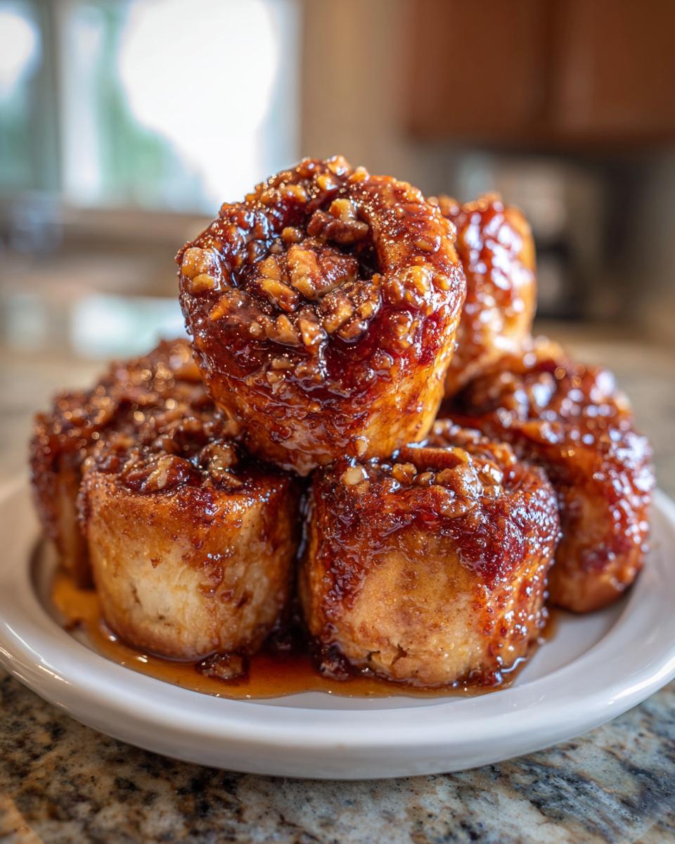 A stack of freshly baked Rhubarb sticky buns generously covered in a glossy, dark caramel glaze and chopped pecans.