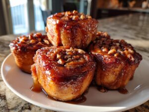 A stack of four gooey, glazed Rhubarb sticky buns topped with chopped pecans sitting on a white plate.