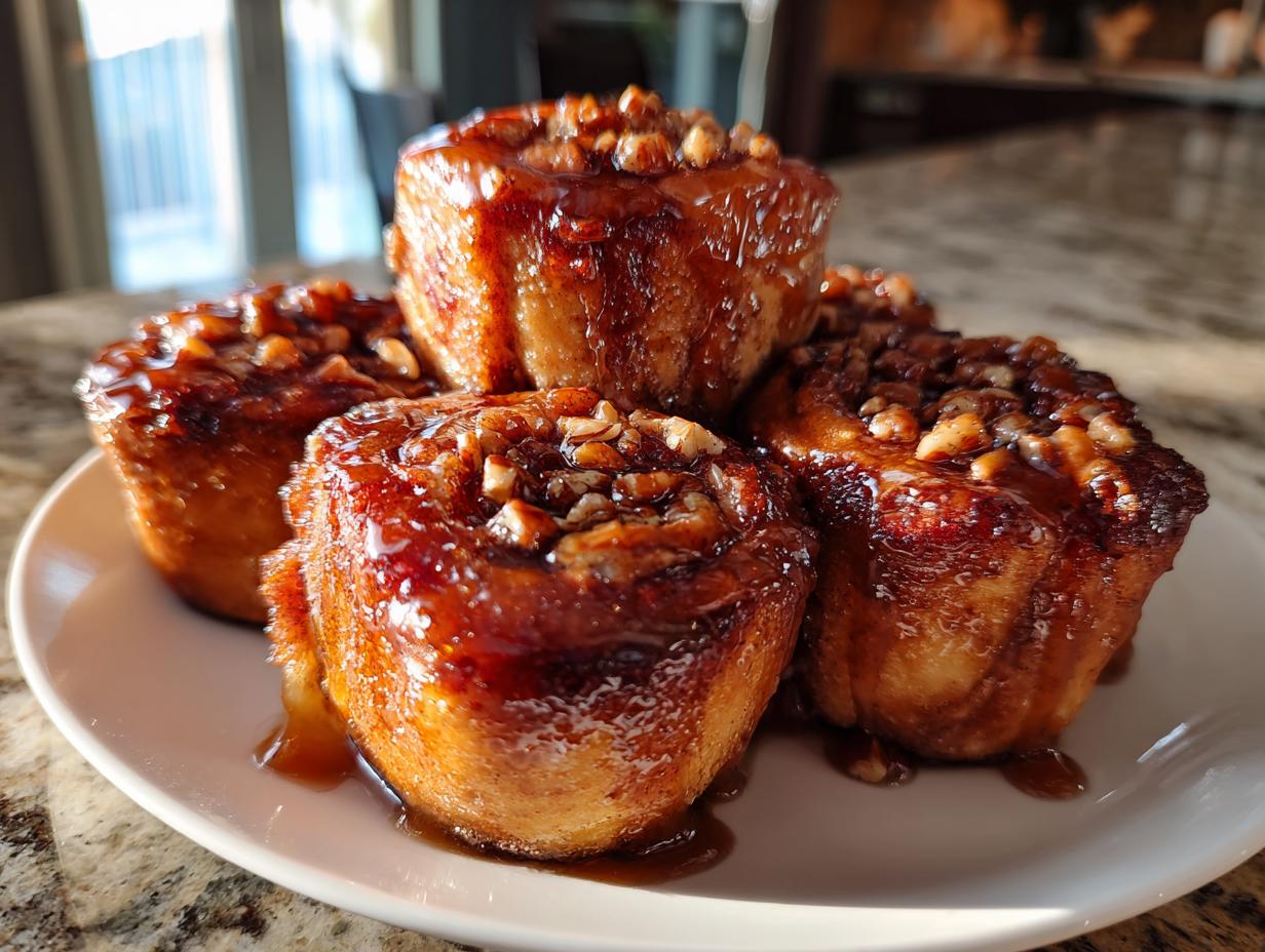 A stack of four gooey, glazed Rhubarb sticky buns topped with chopped pecans sitting on a white plate.