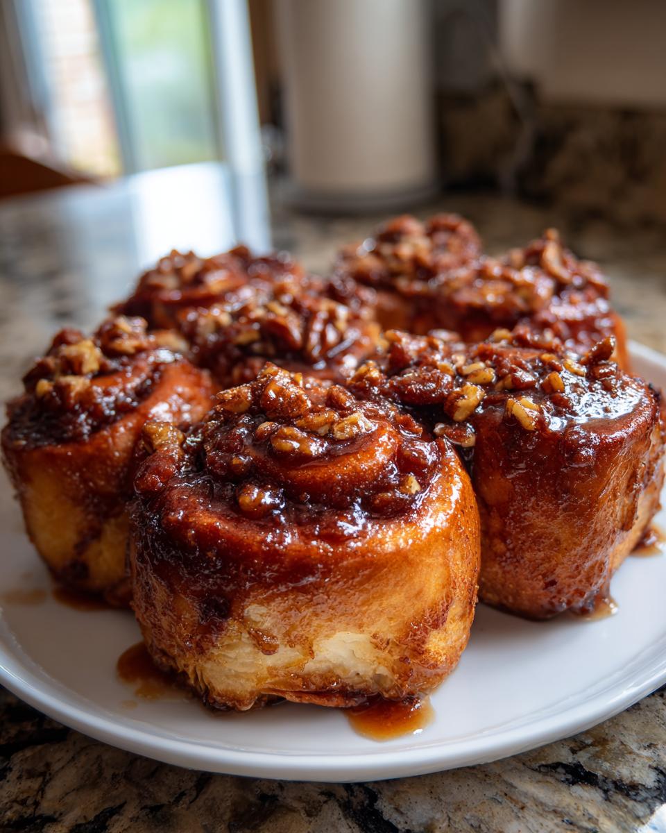 Close-up of several gooey Rhubarb sticky buns topped with a rich caramel glaze and chopped pecans.