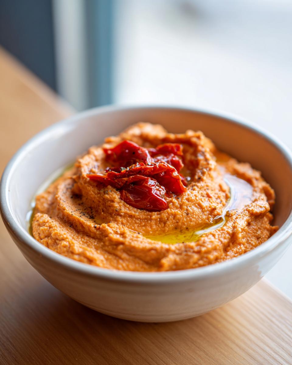 A close-up of vibrant orange roasted red pepper hummus topped with sun-dried tomatoes and olive oil.