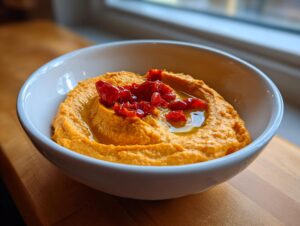 A close-up of creamy, orange-hued roasted red pepper hummus topped with chopped peppers and olive oil in a white bowl.