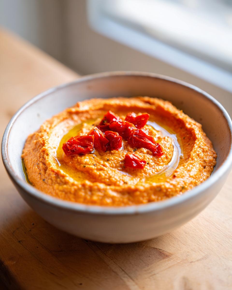 A close-up of bright orange roasted red pepper hummus topped with sun-dried tomatoes and olive oil.