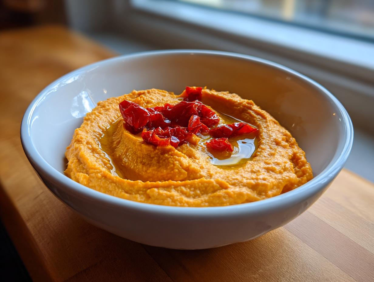 A close-up of creamy, orange-hued roasted red pepper hummus topped with chopped peppers and olive oil in a white bowl.