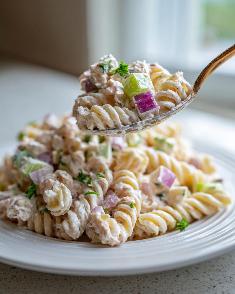 A spoonful of creamy tuna pasta salad with rotini, red onion, and celery being lifted above a white plate.