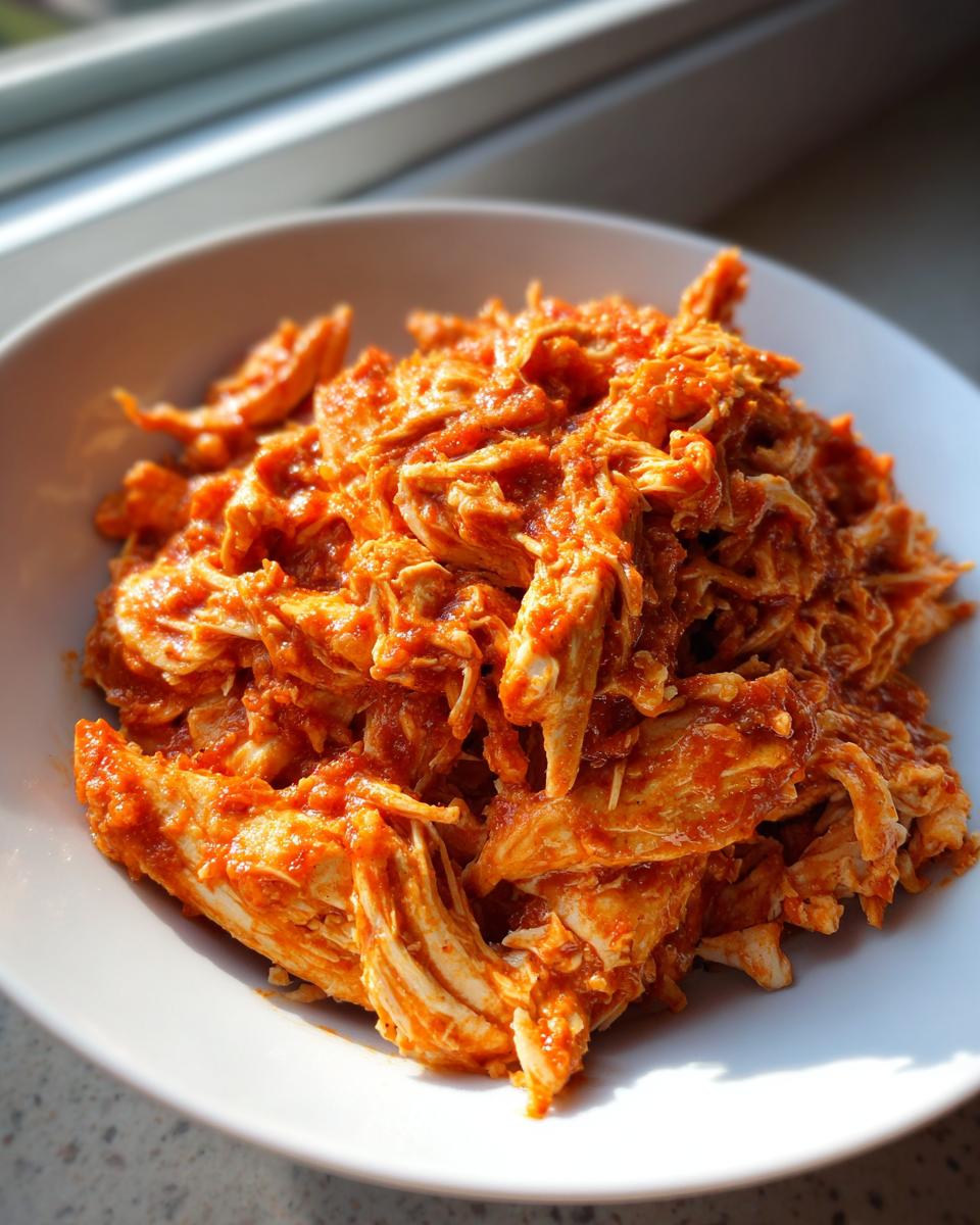 A close-up of shredded salsa chicken coated in a vibrant red sauce, served in a white bowl near a window.
