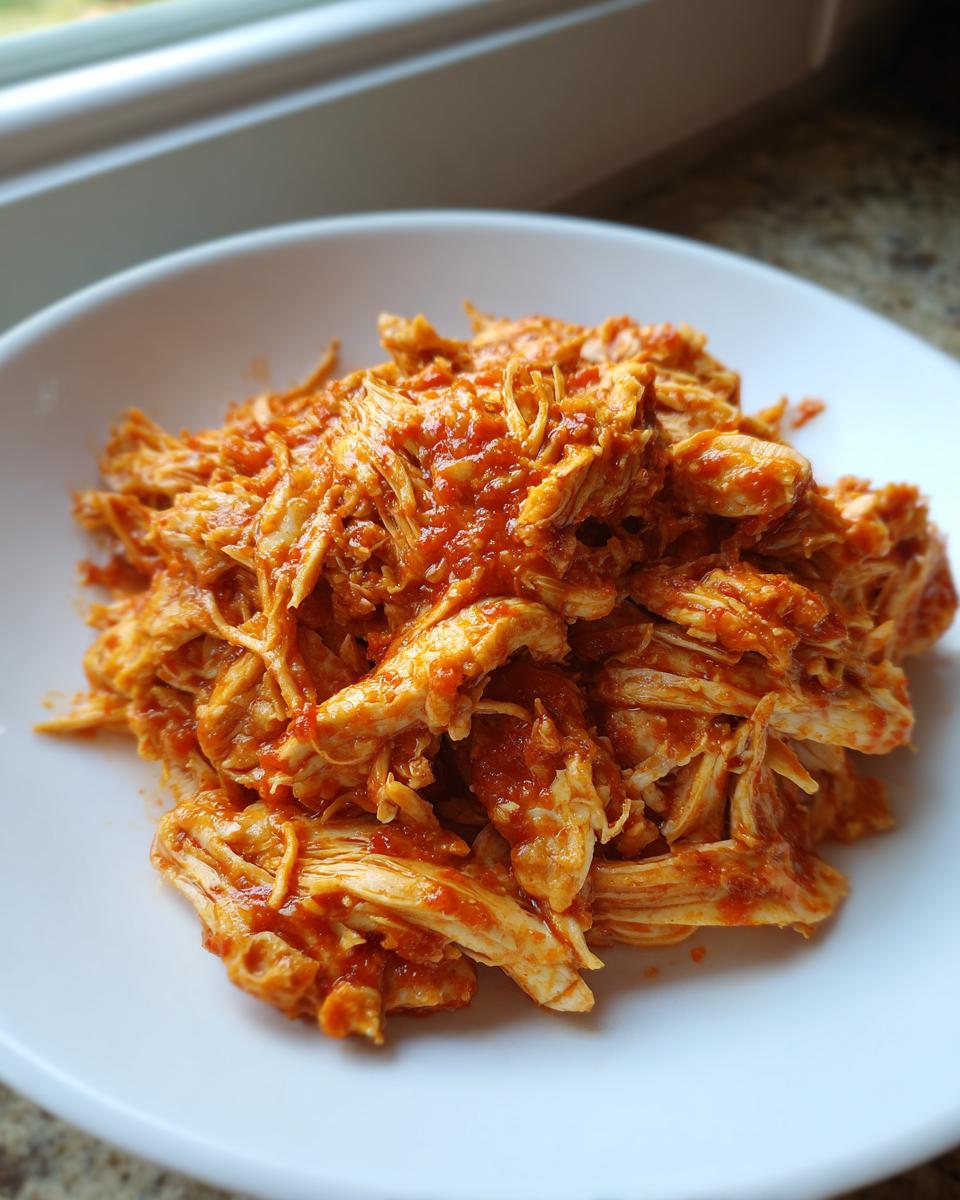 Close-up of perfectly shredded salsa chicken coated in a rich red sauce, served in a white bowl.