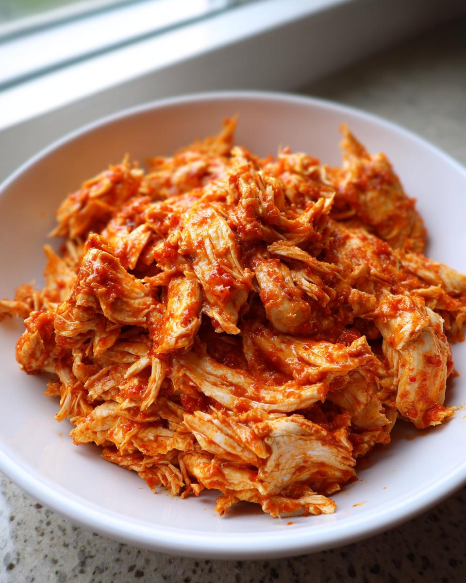 Close-up of shredded salsa chicken coated in vibrant red sauce served in a white bowl.