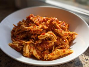 Close-up of shredded salsa chicken coated in rich red sauce, served in a white bowl.