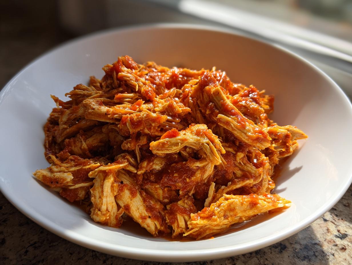 Close-up of shredded salsa chicken coated in rich red sauce, served in a white bowl.