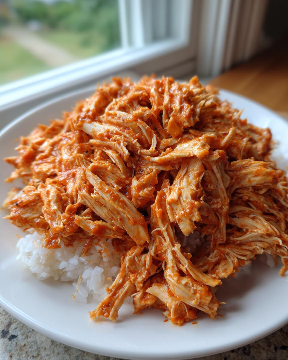 A close-up of shredded salsa chicken piled high over a bed of white rice on a white plate.