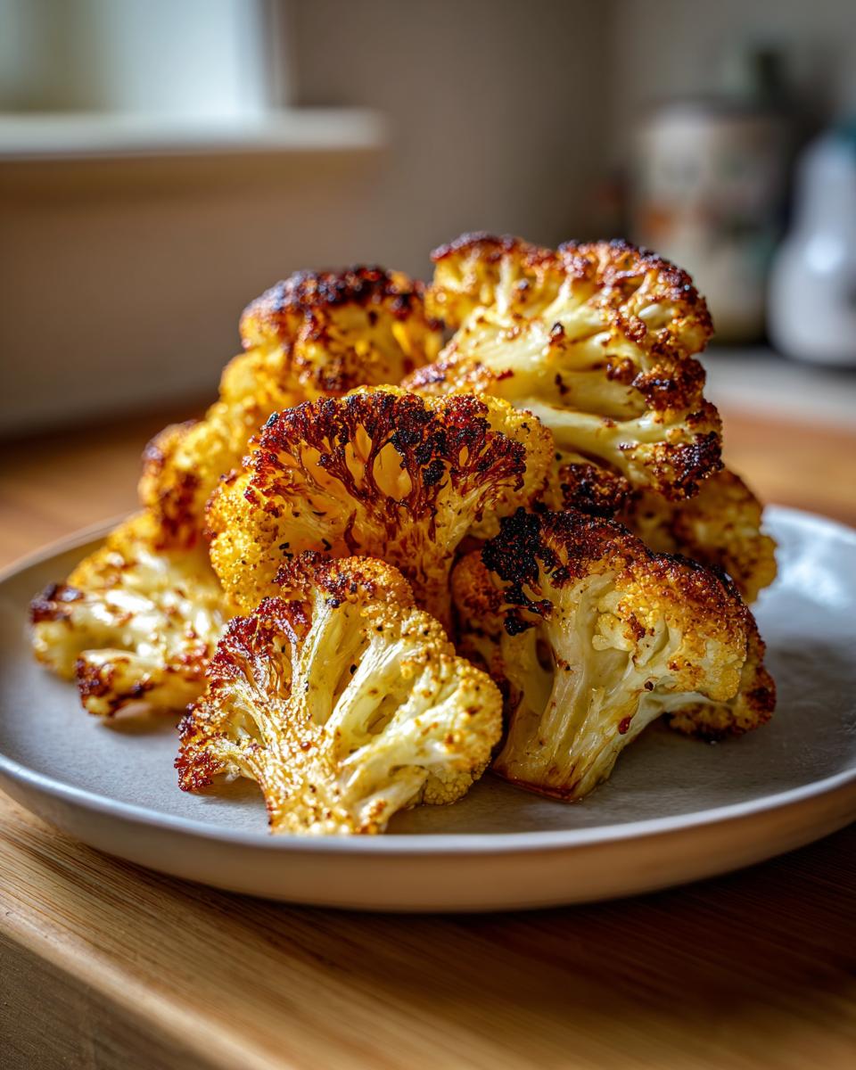 A close-up of perfectly roasted cauliflower florets piled on a light gray plate, showing deep caramelization and char.