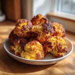 A close-up of deeply caramelized, golden brown roasted cauliflower florets piled high on a light ceramic plate.