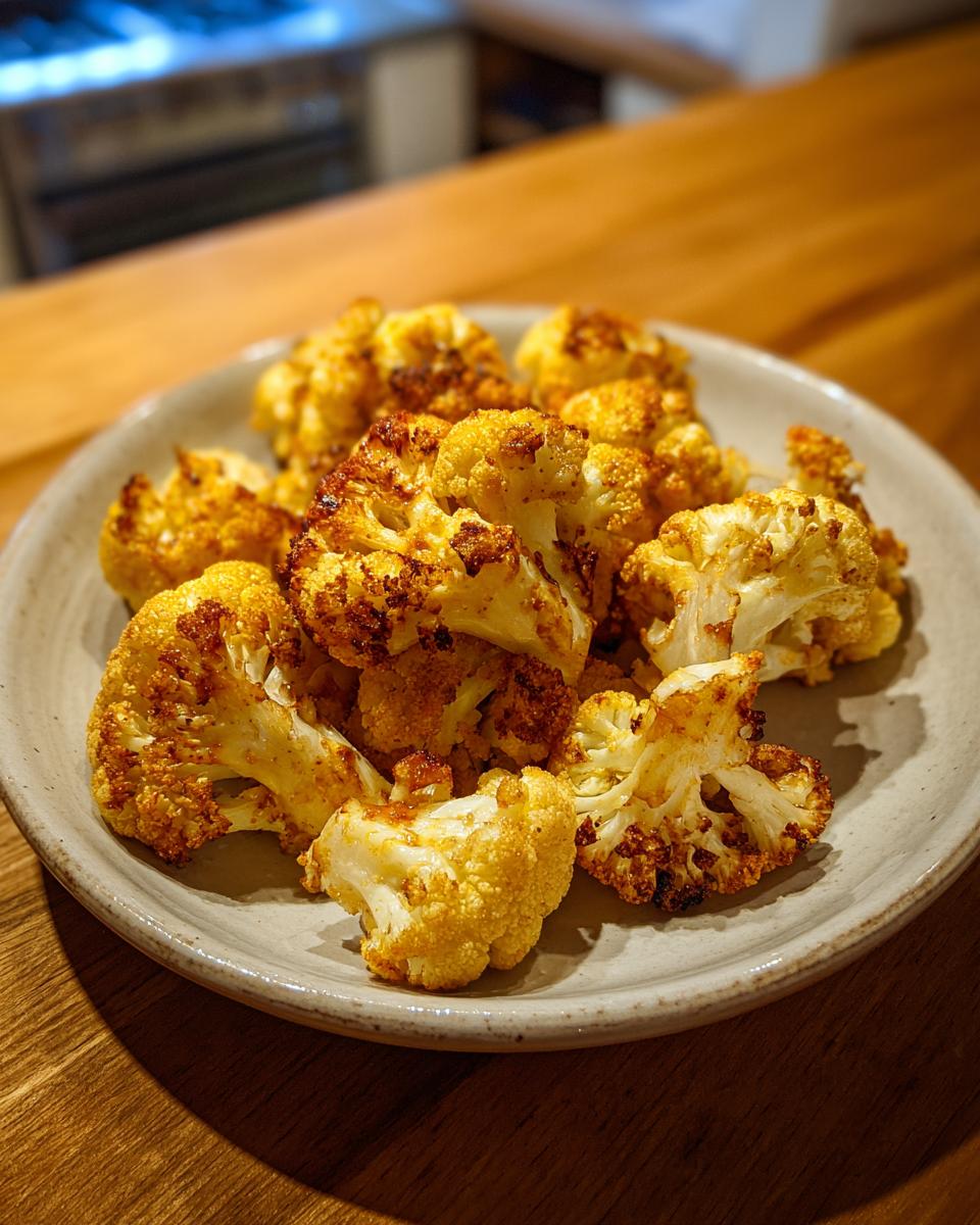 Close-up of perfectly browned and seasoned roasted cauliflower florets served on a light gray plate.