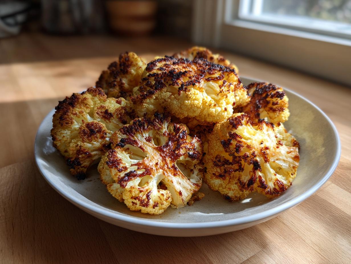 Close-up of beautifully caramelized, golden brown roasted cauliflower steaks piled on a light-colored plate.