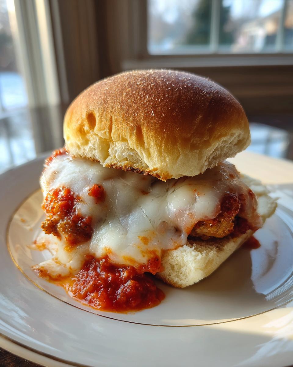 A close-up of a single chicken parmesan slider with melted mozzarella cheese and marinara sauce spilling onto a white plate.