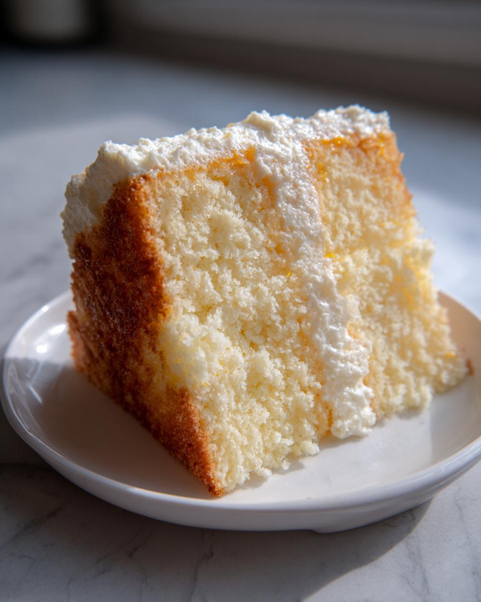 A close-up slice of light, fluffy Daffodil cake layered with white frosting and a hint of yellow filling.