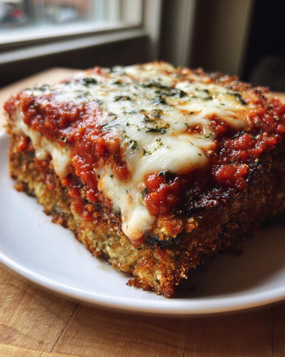 A close-up of a thick, square slice of baked Eggplant parmesan topped with rich tomato sauce and melted mozzarella cheese.