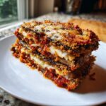 A thick, golden-brown slice of homemade Eggplant parmesan stacked high with layers of breaded eggplant, melted mozzarella, and rich tomato sauce.