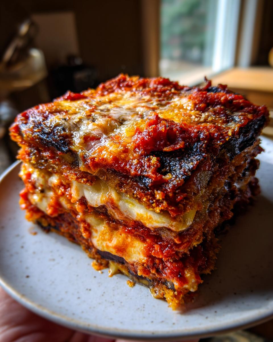 A thick, layered slice of baked Eggplant parmesan with melted cheese and rich tomato sauce.
