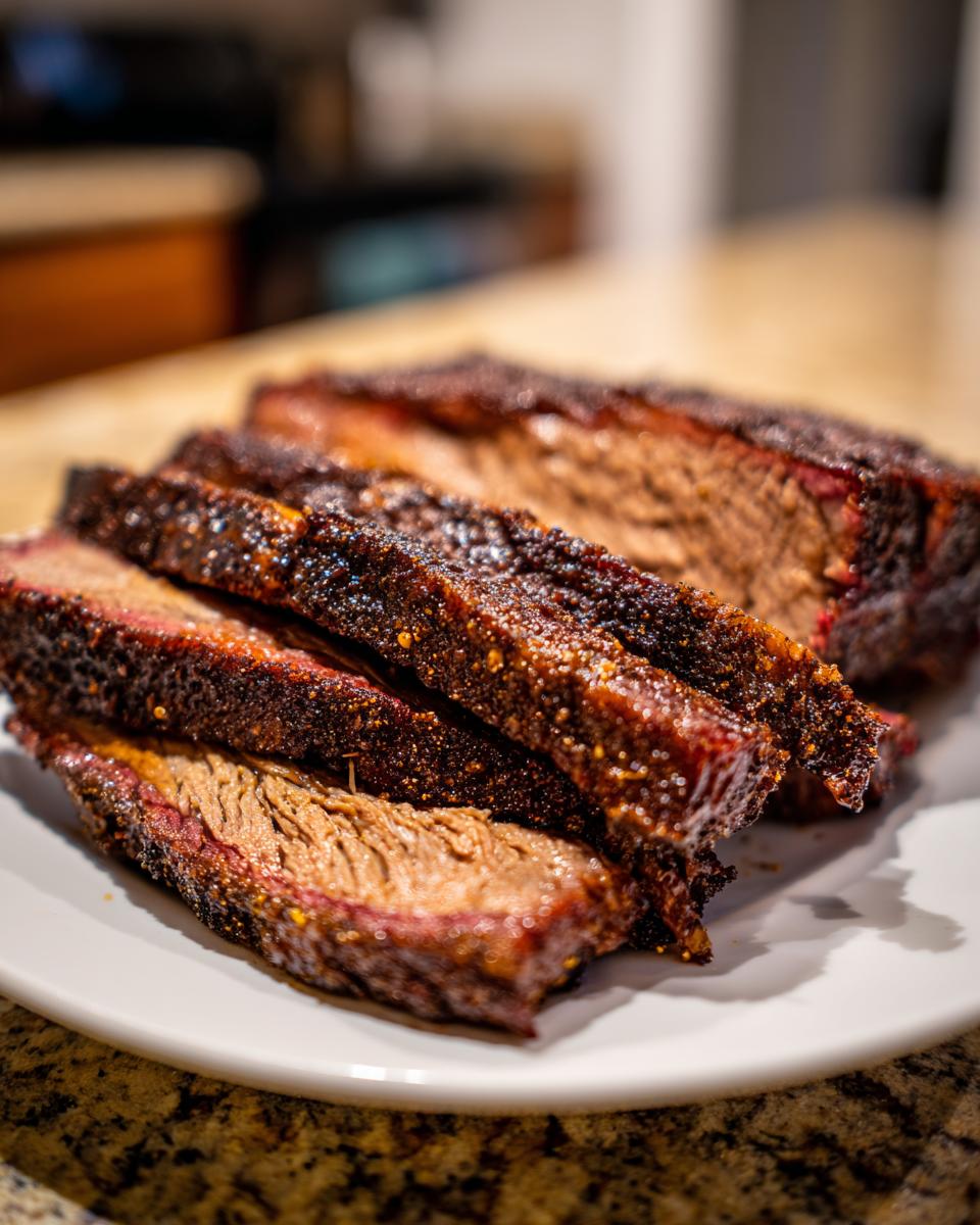 Close-up of thick slices of smoked beef brisket showing a dark, peppery bark and juicy interior.