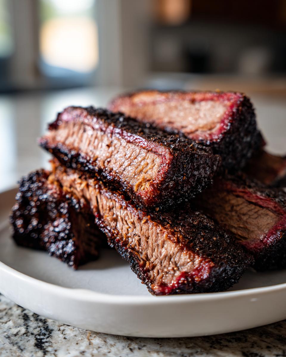 Close-up of thick-cut, tender smoked beef brisket slices showing a deep smoke ring and dark bark.