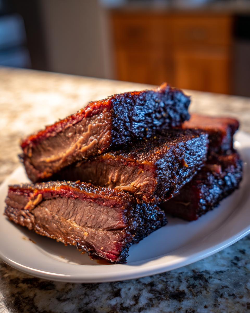 Close-up of thick, juicy slices of smoked beef brisket showing a dark bark and pink smoke ring.