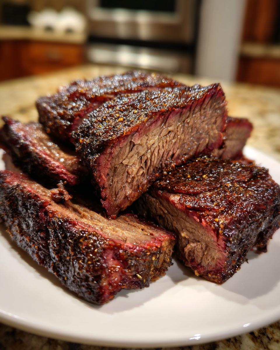 Close-up of thick, juicy slices of smoked beef brisket showing a deep smoke ring and dark bark.