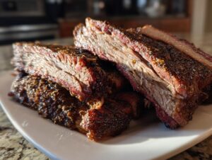 Close-up of tender, cross-section slices of smoked beef brisket showing a distinct smoke ring and bark.