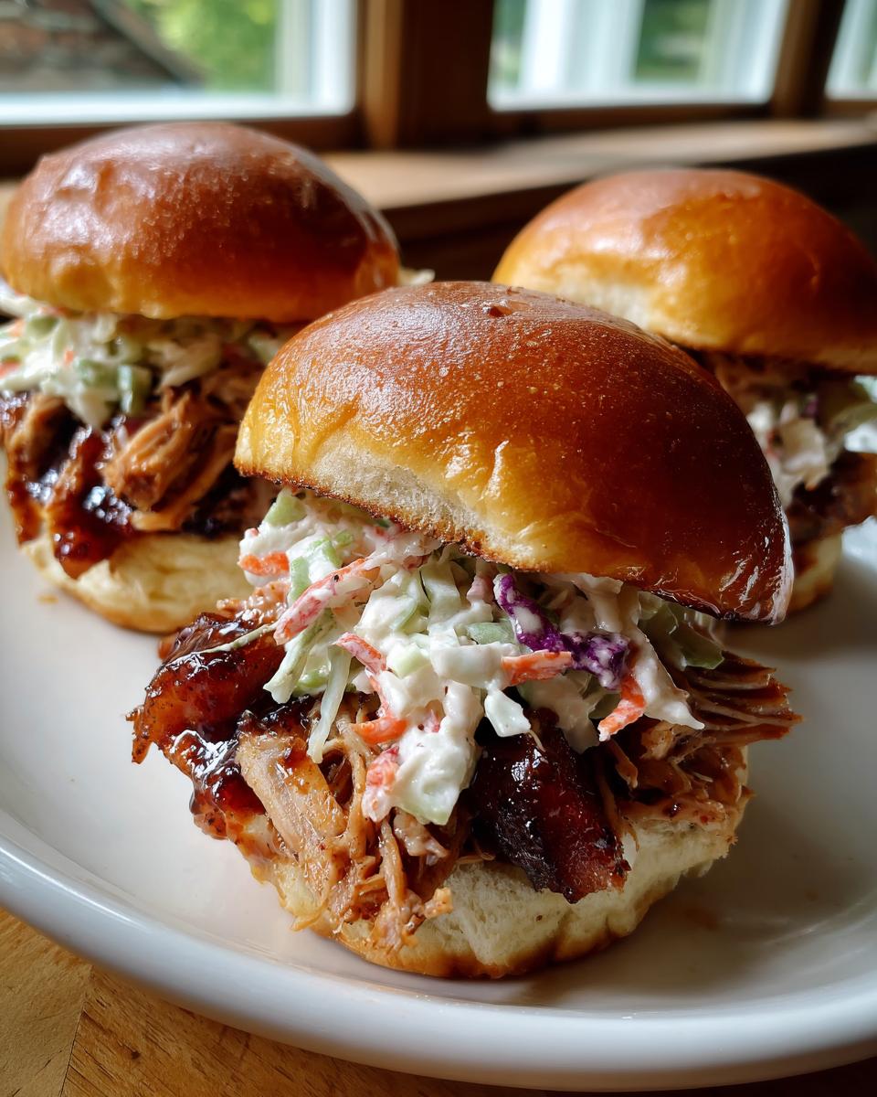 Three close-up smoked pulled pork sliders piled high with BBQ sauce and creamy coleslaw on brioche buns.